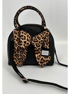 Crossi Leopard Bow Top Handle Satchel Black Faux Leather Zip Closure Strap